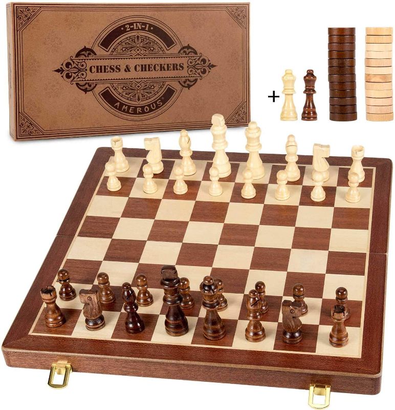 Photo 1 of AMEROUS 15 Inches Magnetic Wooden Chess & Checkers Set (2 in 1) - Folding Board -Gift Box Packed -24 Cherkers Pieces -2 Extra Queens - Chessmen Storage Slots, Beginner Chess Set for Kids and Adults
