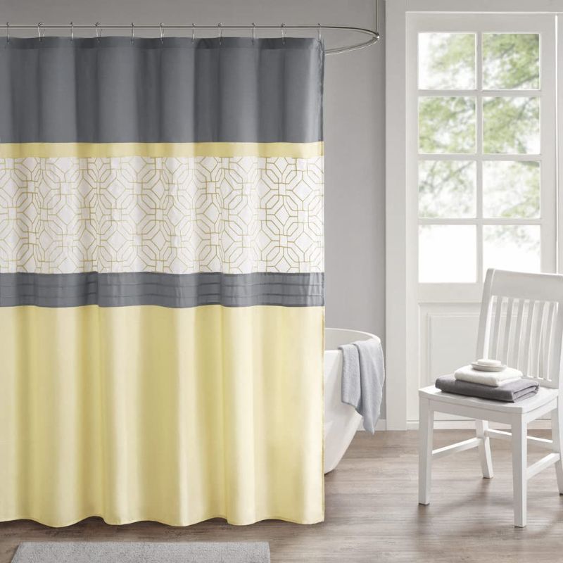 Photo 1 of 510 DESIGN Shower Curtain, Geometric Textured Embroidery Design with Built-in Liner, Modern Mid-Century Bathroom Decor, Machine Washable, Fabric Privacy Screen, 72x72,Donnell, Yellow/Grey
