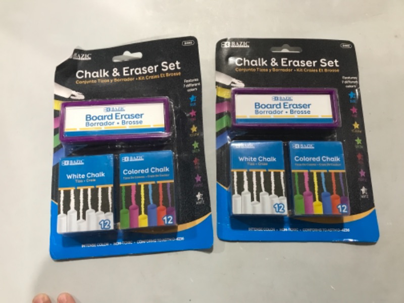 Photo 2 of BAZIC Colored (12 Pcs) + White (12 Pcs) Chalk + Premium Chalkboard Eraser Bundle, 2 PACK.