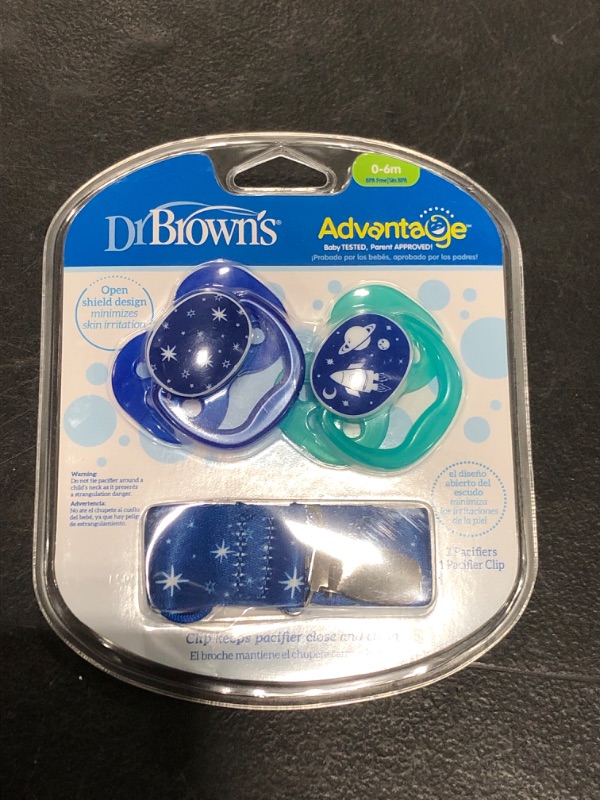 Photo 2 of Dr. Brown's® Advantage 2-Pack Stage 1 Pacifiers with Clip in Blue