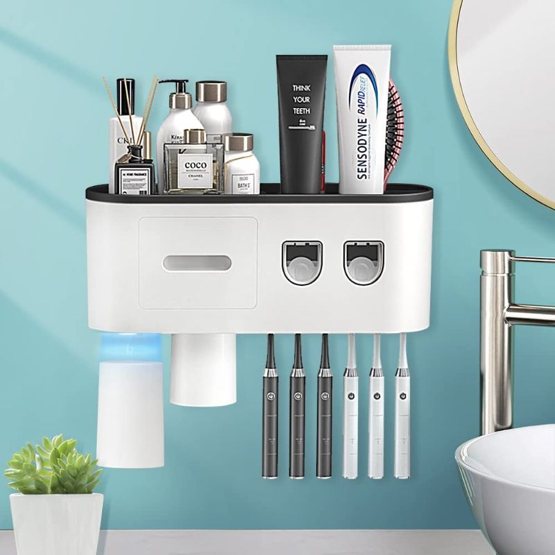 Photo 1 of 2 Automatic Toothpaste Dispensers, BHeadCat Toothbrush Holder with Toothpaste Squeezer Kit Wall-Mounted, Multifunctional Bathroom Organizer, 2 Magnetic Cups(2 Toothpaste Dispenser-2 Cups) 