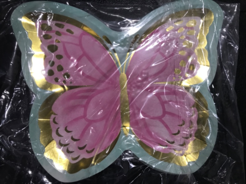 Photo 1 of 24ct Golden Butterfly Shaped Paper Plates Pink