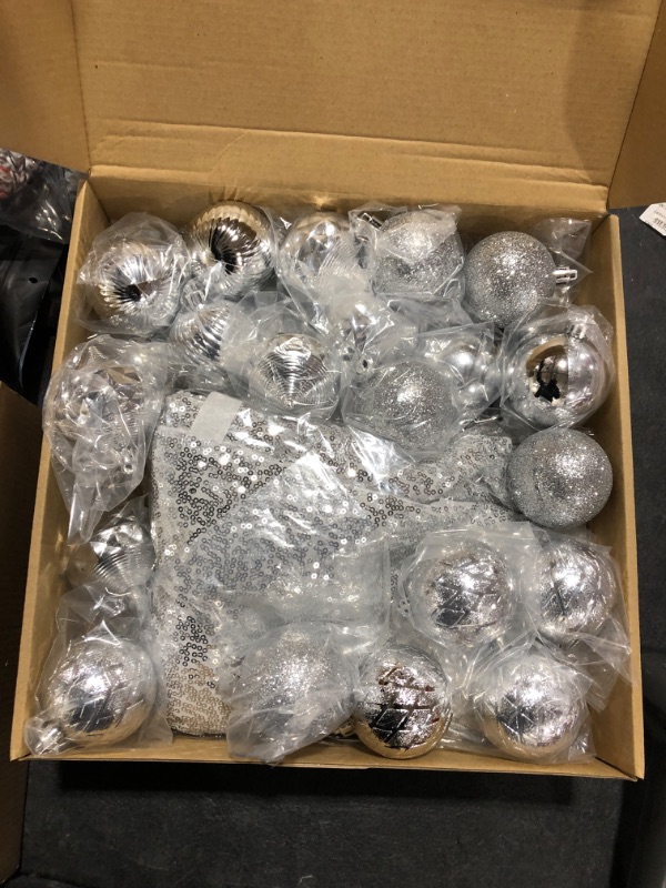 Photo 1 of 27 Pieces Christmas Tree Decoration Set, Christmas Star Tree Topper 25 Christmas Ball Ornaments and 48'' Christmas Sequin Tree Skirt for Holiday Xmas Tree Decoration (Silver)
