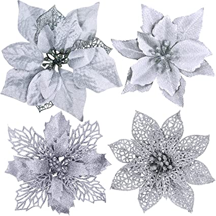 Photo 1 of 24 Pcs 4 Styles Christmas Silver Metallic Mesh Glitter Artificial Poinsettia Flower Stems Tree Ornaments in Box for White Silver Christmas Tree Wreaths Floral Gift Winter Wedding Holiday Decoration
