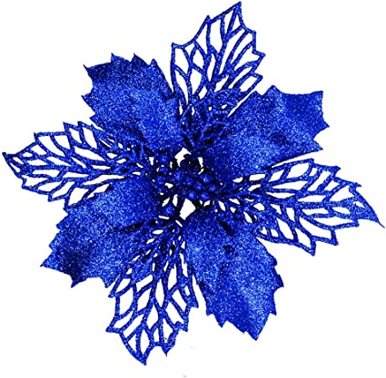 Photo 1 of 24 Pcs Christmas Blue Glittered Mesh Holly Leaf Artificial Poinsettia Flowers Picks Tree Ornaments 5.9" W for Blue Christmas Tree Wreath Garland Floral Gift Winter Wedding Holiday Decoration
