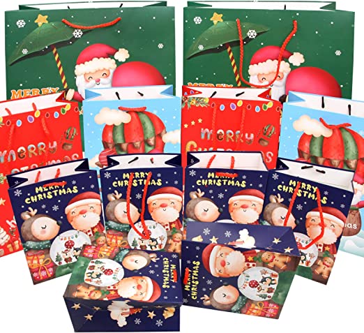 Photo 1 of 16 PCS Christmas Gift Bags Set Holiday Gifts Treat Bags Winter Paper Bags with Santa Reindeer Christmas Party Favors
