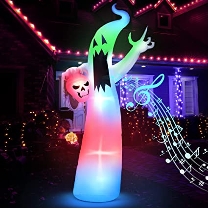 Photo 1 of 12 ft Halloween White Ghost Inflatable Outdoor Decor, Blow up Scary Ghost Skull Halloween Yard Decoration with Sensor Music Box Built in LED Lights, Halloween Party Decor for Indoor Lawn Patio Garden
