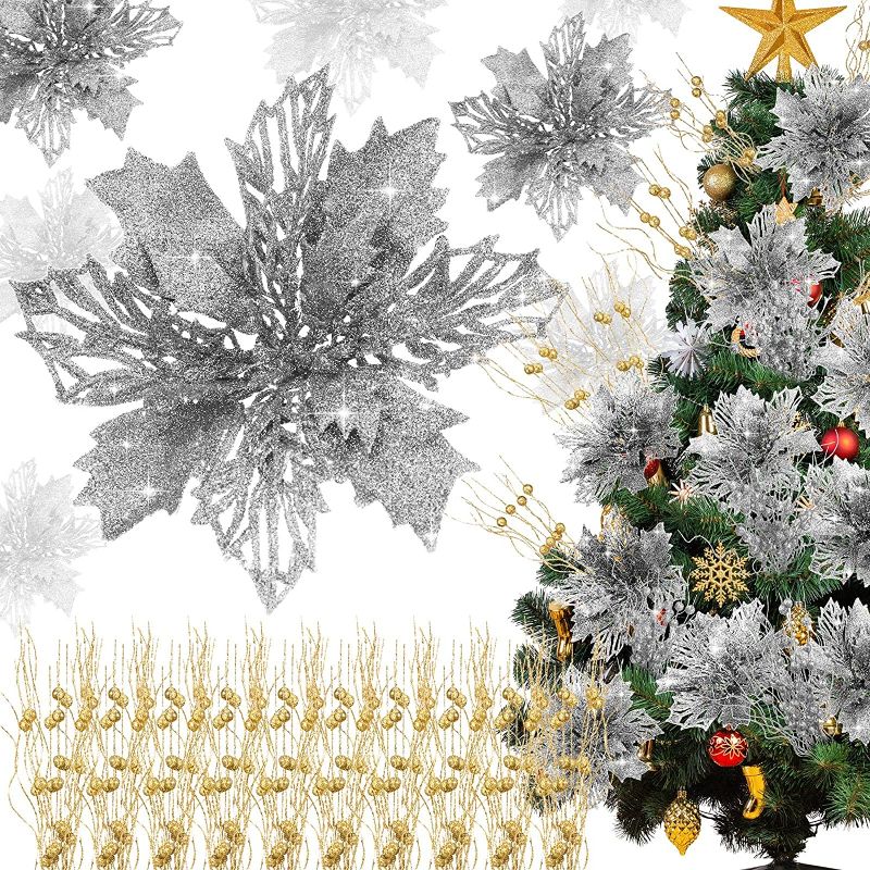 Photo 1 of 48 Pcs Christmas Poinsettia Flowers Glitter Christmas Poinsettia Ornaments with Berries Stems or Leaves Artificial Poinsettia Flowers for Christmas Tree New Year Wedding Decor, Hollow Petal (Silver)
