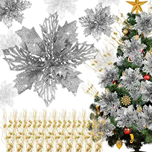 Photo 1 of  48 Pcs Christmas Poinsettia Flowers Glitter Christmas Poinsettia Ornaments with Berries Stems or Leaves Artificial Poinsettia Flowers for Christmas Tree New Year Wedding Decor, Hollow Petal (Silver) 