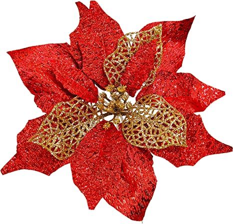 Photo 1 of 20 Set 8.7" Wide 3 Layers Christmas Red Glitter Poinsettia Flowers Picks Christmas Tree Ornaments for Red Christmas Tree Wreaths Garland Seasonal Holiday Navidad Wedding Decorations Gift Box Included

