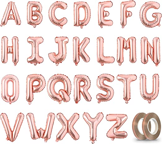 Photo 1 of 16" A-Z 26 Letter Rose Gold Foil Mylar Letter Balloons with 2 Rolls Ribbon Mega Pack, Aluminum Hanging Foil Film Alphabet Letter (Rose Gold, A-Z with Ribbon)
