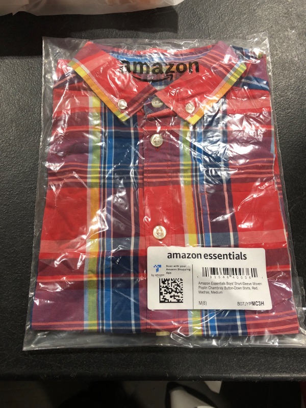 Photo 2 of Amazon Essentials Boys and Toddlers' Short-Sleeve Woven Poplin Chambray Button-Down Shirt Medium Red, Madras