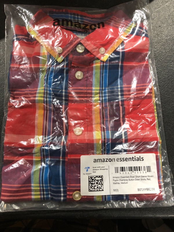 Photo 2 of Amazon Essentials Boys and Toddlers' Short-Sleeve Woven Poplin Chambray Button-Down Shirt Medium Red, Madras