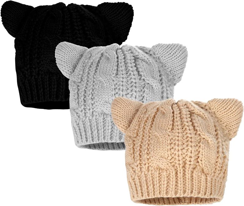 Photo 1 of 3 Pieces Cat Ear Knit Cap Crochet Braided Knit Caps Handmade Knit Lined Knitted Pussycat Hat Winter Beanie Hat for Women Men, Black, Beige, Gray 