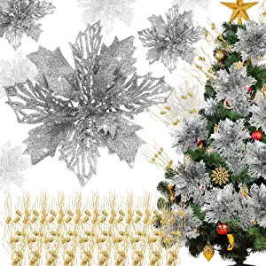 Photo 1 of 48 Pcs Christmas Poinsettia Flowers Glitter Christmas Poinsettia Ornaments with Berries Stems or Leaves Artificial Poinsettia Flowers for Christmas Tree New Year Wedding Decor, Single Petal (Silver)