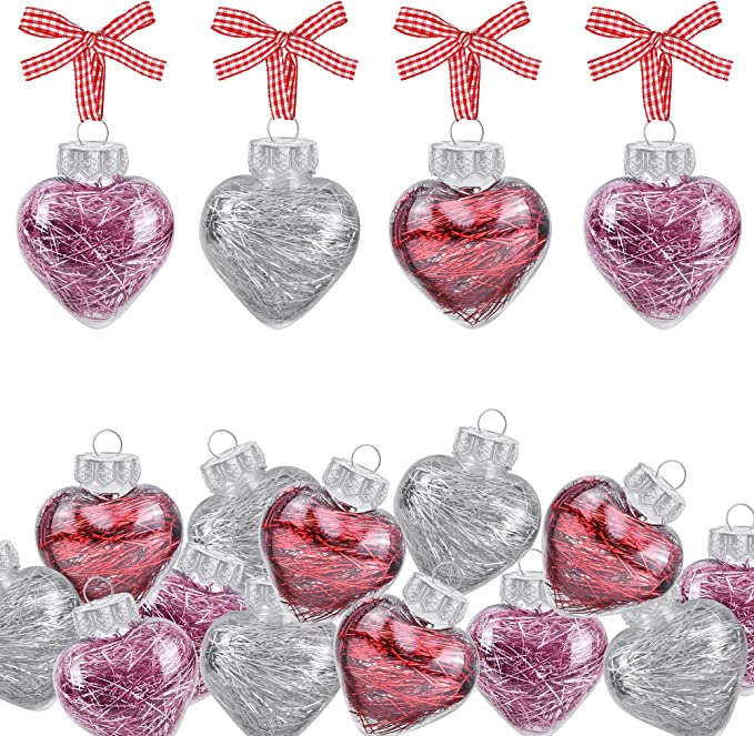 Photo 1 of 12Pcs Valentine's Day Heart Shaped Ornaments with Buffalo Plaid Ribbons -Red Pink Silver Clear Fillable Heart Shaped Baubles for Home Tree -Valentines Day Heart Decorations Christmas Hanging Ornaments 