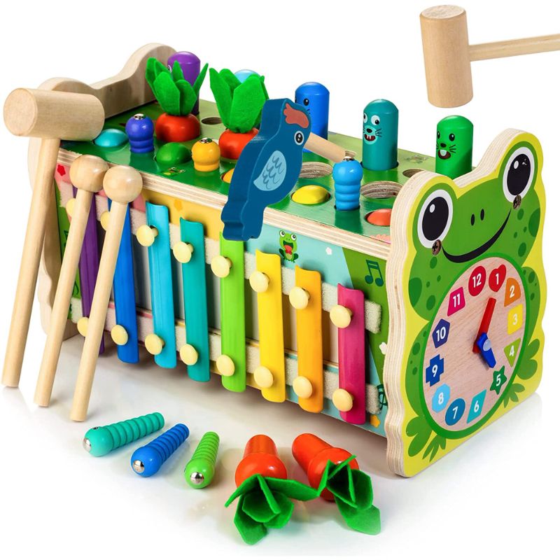 Photo 1 of 6 in 1 Wooden Montessori Toys for 1 Year Old Whack a Mole Game Hammering Pounding Toy with Xylophone Carrot Harvest Game Learning Developmental Toys Toddler Activities Gift Ages 1 2 3 4
