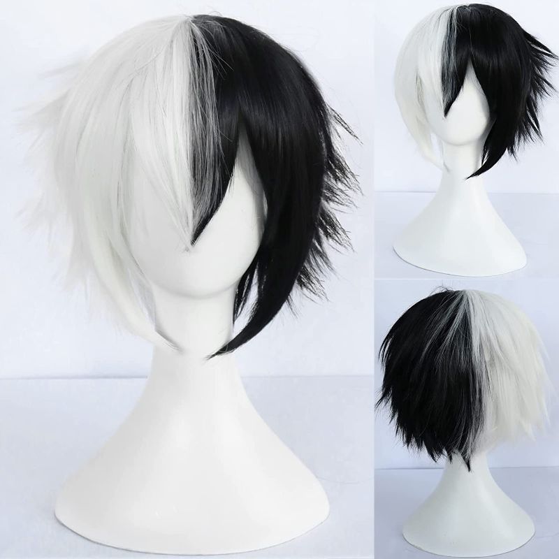 Photo 1 of ANOGOL Wig Cap+ Multi-Color Wigs Short Straight Cosplay Wig White and Black Synthetic Wigs for Movie Costume Wig for Halloween Party
