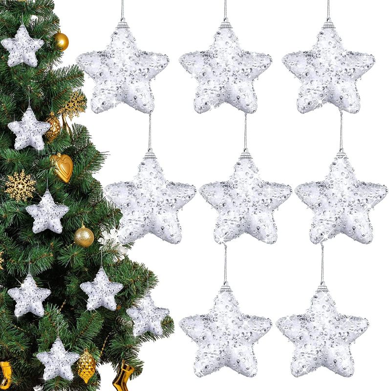 Photo 1 of  8 Pcs Five Pointed Star Christmas Ornaments Glitter Christmas Decorations Star Ornaments Xmas Trees Hanging Ornaments for Wedding Party Holiday Decorations, 3.54 x 3.54 x 0.98 Inch (White)