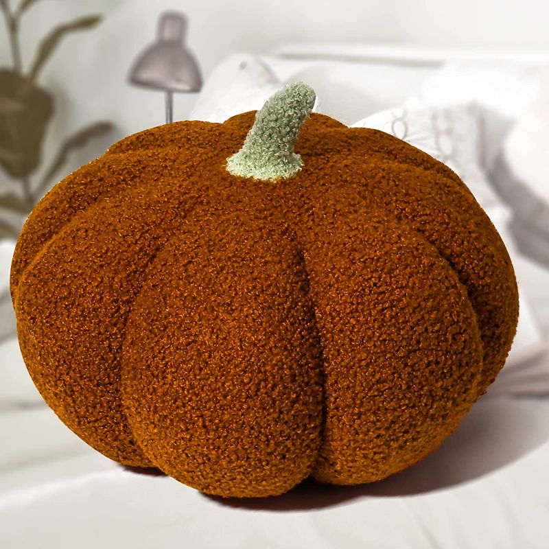 Photo 1 of  IFSNOW Halloween Pumpkin Decor, Halloween Pillows Pumpkin Pillow, Sherpa Pumpkin Decorations for Home, 3D Pumpkin Shaped Pillow Plush Stuffed Pumpkin Throw Pillow for Couch Fall Decorative(Brown, 8")