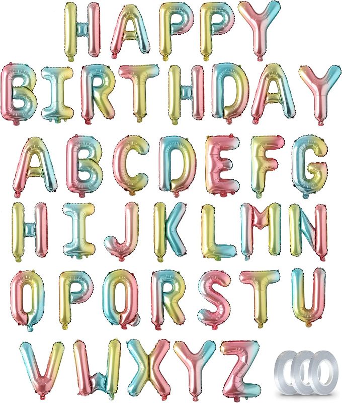Photo 1 of  39 Pcs 16" A-Z + Happy Birthday Letter Foil Mylar Balloons with 3 Rolls Ribbon Mega Pack, Aluminum Hanging Foil Film Alphabet Letter (Rainbow, A-Z + HAPPY BIRTHDAY with Ribbon)