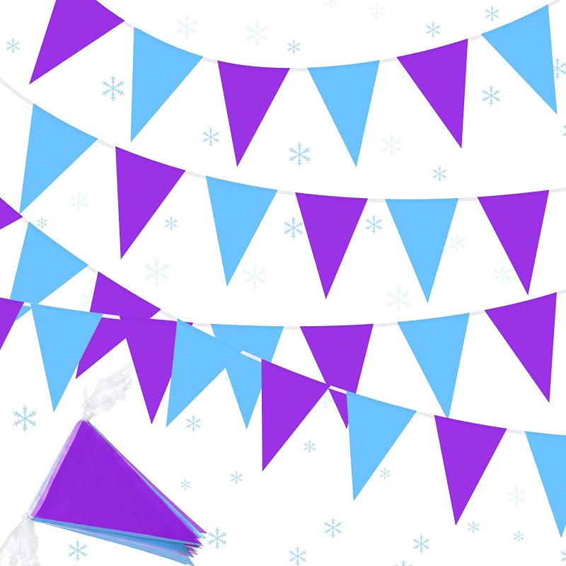 Photo 1 of 165 ft Purple Blue White Pennant Banner Triangle Flag Bunting Banner for Winter Frozen Party Wedding Birthday Indoor Outdoor Decoration(120 Pcs? 