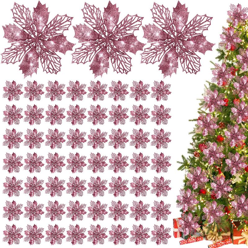 Photo 1 of  Yunsailing 60 Pieces Pink Poinsettia Christmas Glitter Flowers 6" Wide Glitter Christmas Tree Ornaments Artificial Poinsettia Flowers for Xmas Tree Wreath Decoration