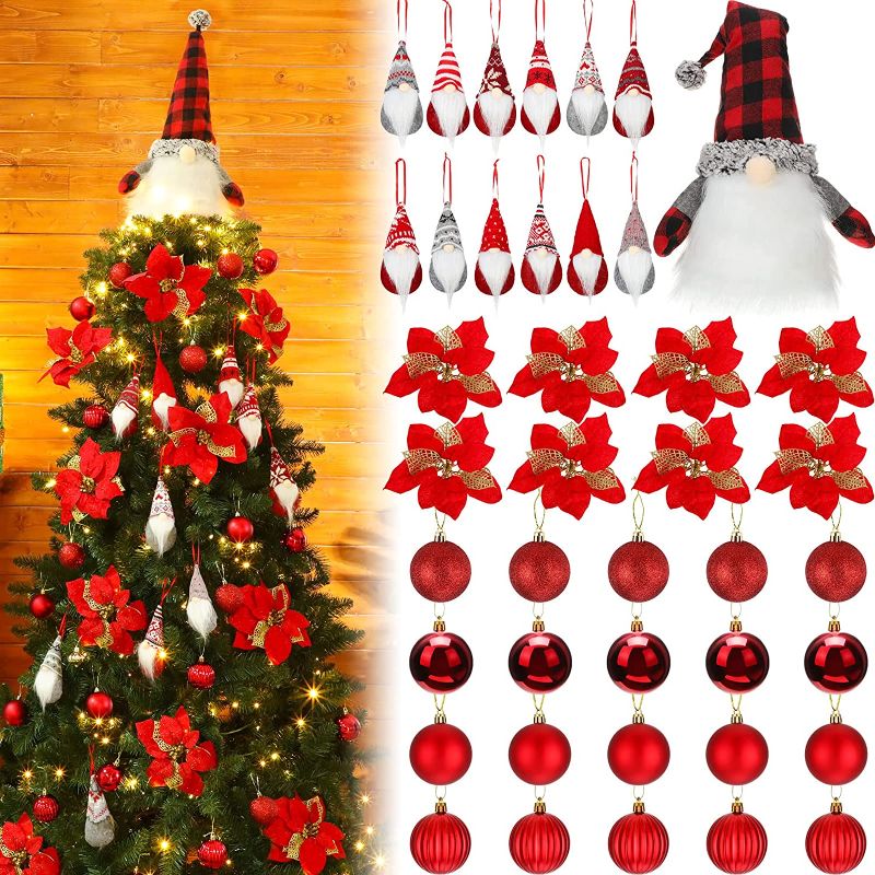 Photo 1 of  41 Pcs Christmas Tree Decoration Set Christmas Ball Ornaments Poinsettia Artificial Christmas Flowers 27.5 Inch Gnome Large Christmas Tree Topper Gnomes Ornaments 12 Style