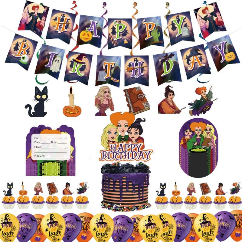 Photo 1 of  60pcs Halloween Party Decorations,Halloween Theme Birthday Party Decorations With Banner, Latex Balloons, Hocus Pocus Banner Cupcake Toppers Balloons