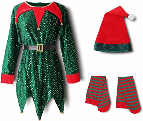 Photo 1 of A ANLEOLIFE Christmas Elf Costume for Kids with Sequins Tinkle Bells Belt(2021 Updated Vers.) ---- 5-7YRS