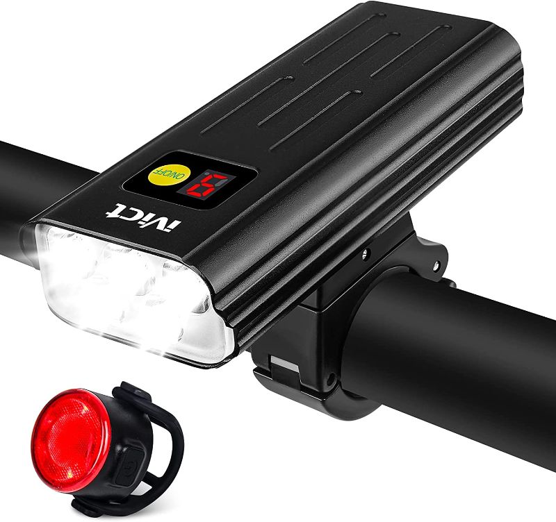 Photo 1 of iVict Bike Light Set USB Rechargeable Bike Headlight & Taillight with Power Display, 5 Lighting Modes, IPX6 Waterproof, Super Bright 1600 Lumen LED Bycicle Headlight for All Bicycles, Road, Mountain
