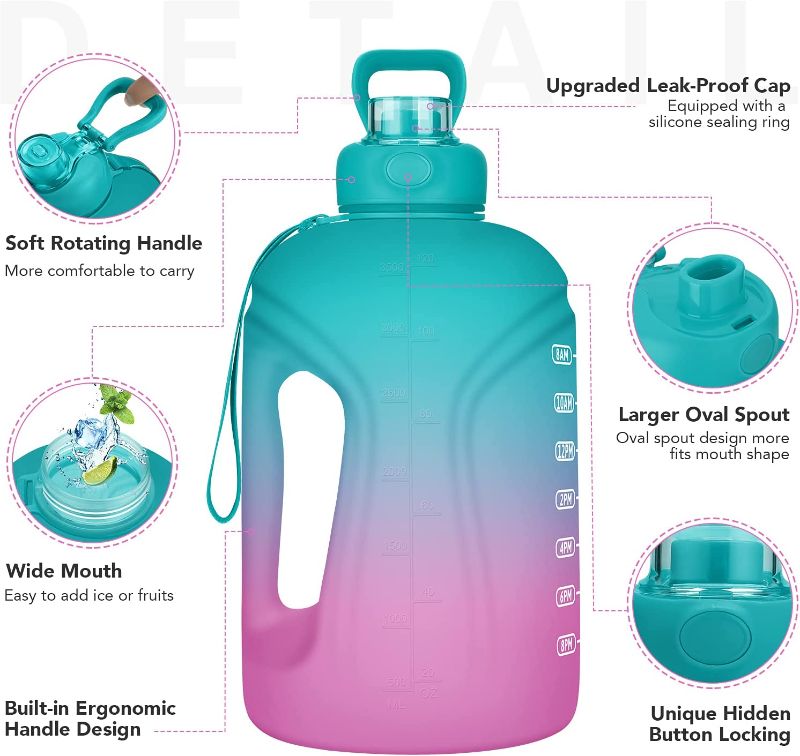 Photo 1 of 128oz Motivational Water Bottle with Time Marker & Removable Straw, BPA Free Drinking Water Bottle with Handle & Carry Strap, Leakproof Water Jug Ensure You Drink Enough Water Daily