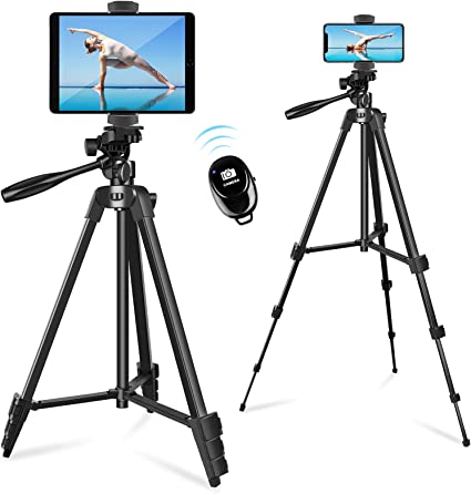 Photo 1 of Phone & Tablet Tripod Stand, 57 inch Extendable Aluminum Travel Tripod with Smartphone/Tablet Holder, Remote Shutter, Sport Camera Adapter, Compatible with Cell Phone & Tablet & Camera
