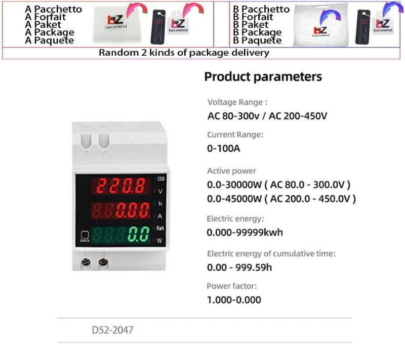 Photo 1 of DIN-rail Multi-function Meter D52-2042 D52-2047 Digital LED Voltage Current Active Power Factor Energy Meter AC80-300V 100A,D52-2047,AC 80-300V
