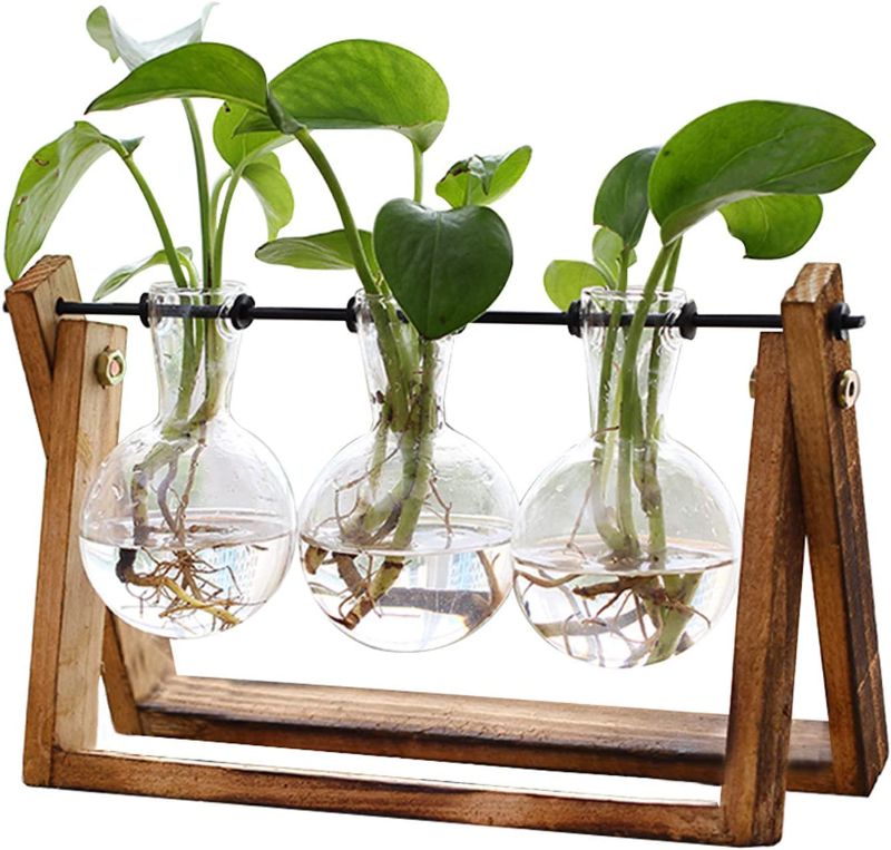 Photo 1 of XXXFLOWER Plant Terrarium with Wooden Stand, Air Planter Bulb Glass Vase Metal Swivel Holder Retro Tabletop for Hydroponics Home Garden Office Decoration - 3 Bulb Vase
