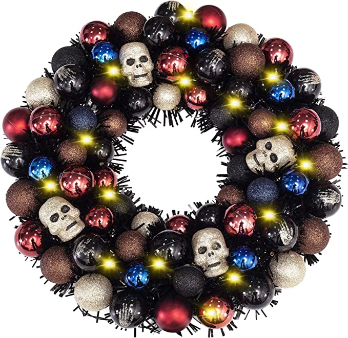 Photo 1 of 16 Inch Halloween Ball Wreath with Lights Skull Ornament Garland Decoration for Festival Celebration Door Window Wall Home Theme Party Events Gifts
