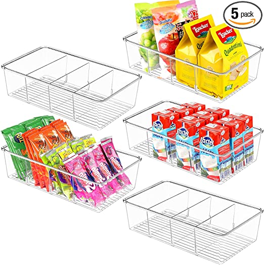 Photo 1 of 4 Pack Food Storage Organizer Bins – ZIZOTI Clear Plastic Removable Snack Organizer Pantry Organization Storage Racks with 3 Dividers, Kitchen, Cabinets Snacks, Packets, Spices, Pouches Stackable Bins
