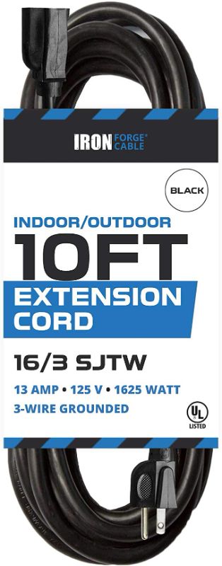 Photo 1 of 10 Ft Outdoor Extension Cord - Durable Black Cable with 3 Prong Grounded Plug for Safety