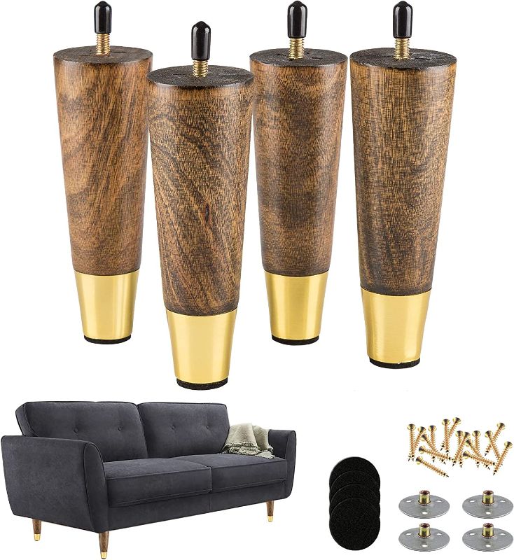 Photo 1 of ALAMHI Wood Furniture Leg, Couch Legs 6 Inch Brown Round Tapered Mid-Century Modern Legs, with Brass Base Replacement Legs for Cabinets, Coffee Table, Ottoman, Sofa, Loveseat, Armchair Legs Set of 4