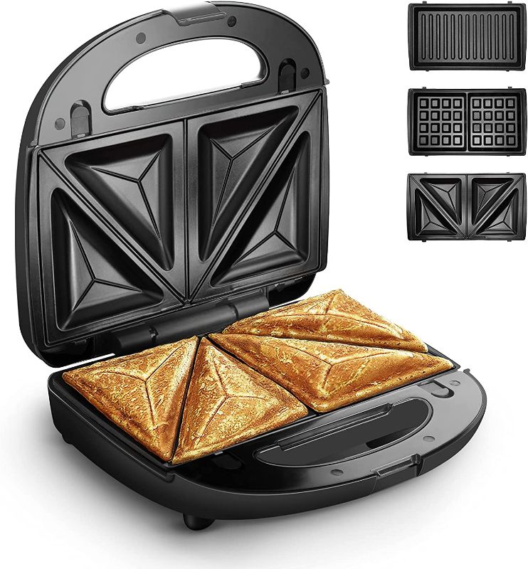 Photo 1 of Sandwich Maker, Waffle Maker, Sandwich Grill, 3-in-1 Removable Non-Stick Plates, Grill Cheese, Food Grade Premium Stainless Steel, Cool Touch Handle, Suitable for Breakfast, Lunch, Snacks, 750W, Black
