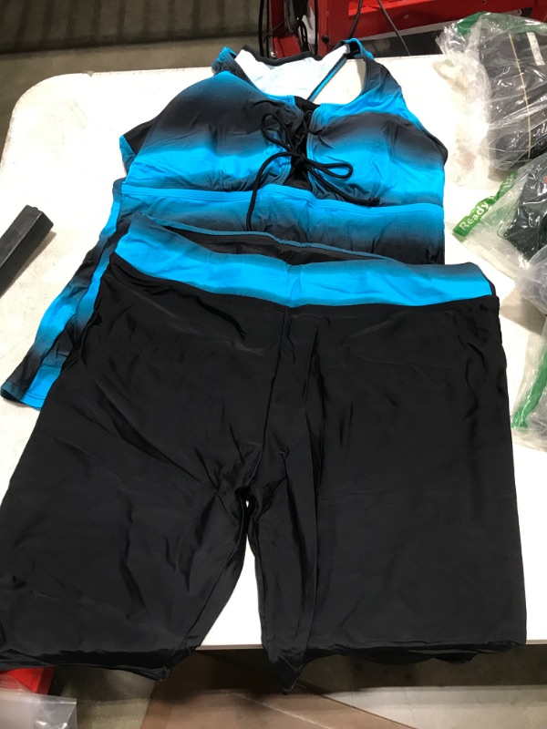 Photo 1 of 2 piece woman's swimsuit with board shorts, Blk & blue XL