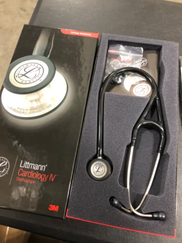 Photo 2 of 3M Littmann Cardiology IV Diagnostic Stethoscope Black-Finish Chestpiece Black Tube Red Stem 6200
