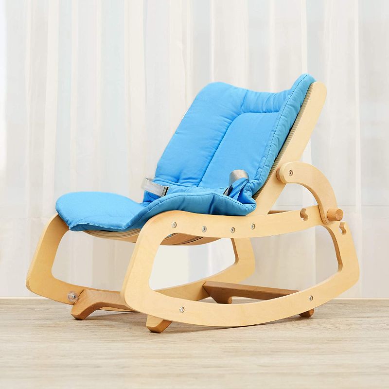 Photo 1 of 3-in-1 Baby Bouncer Adjustable Wooden Rocker Chair Recliner with Removable Cushion and Seat Belt for Infant to Toddler (Blue)
