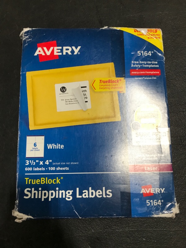 Photo 2 of Avery 5164 - Laser Shipping Labels, 3-1/3 X 4, White - 600 Labels. OPEN BOX. 
