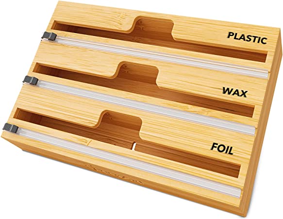 Photo 1 of 3 in 1 Wrap Organizer with Cutter and Labels, Plastic Wrap, Aluminum Foil and Wax Bamboo Dispenser for Kitchen Storage Organization Holder for 12" Roll (Natural). MAY VARY SLIGHTLY FROM PHOTO. 
