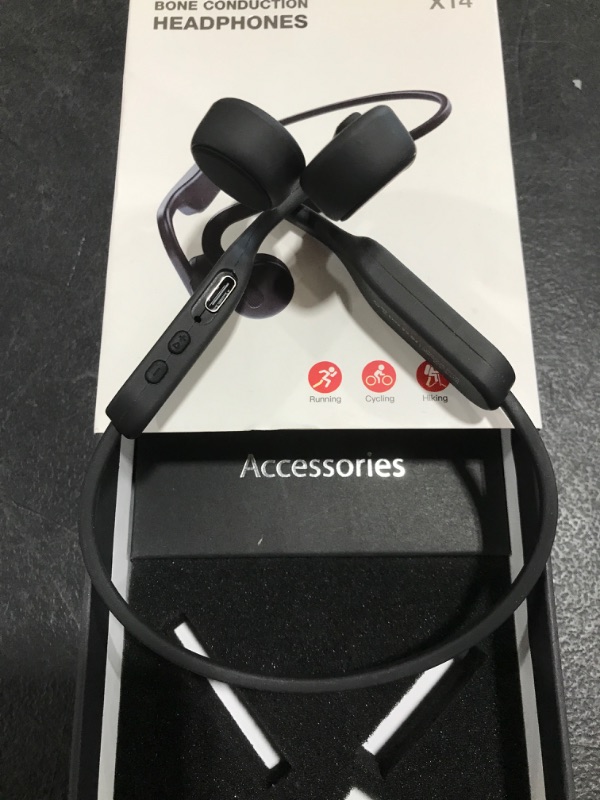 Photo 1 of Bone Conduction Headphones, Open Ear Headphones Sports Wireless Earphones, Bluetooth Headphones with Built-in Mic,Up to 8 Hours Playtime,Waterproof Earphones for Running Cycling Workouts(Black). OPEN BOX. PRIOR USE. 
