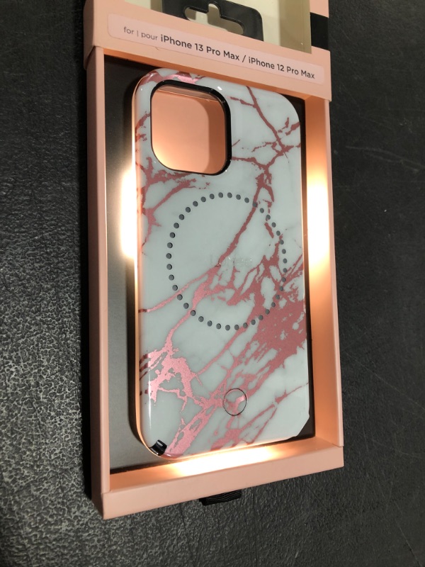 Photo 2 of LuMee Halo by Case-Mate - Light Up Selfie Case for iPhone 13 Pro Max and iPhone 12 Pro Max - Front & Rear Illumination - 6.1 inch - Rose Gold White Marble
