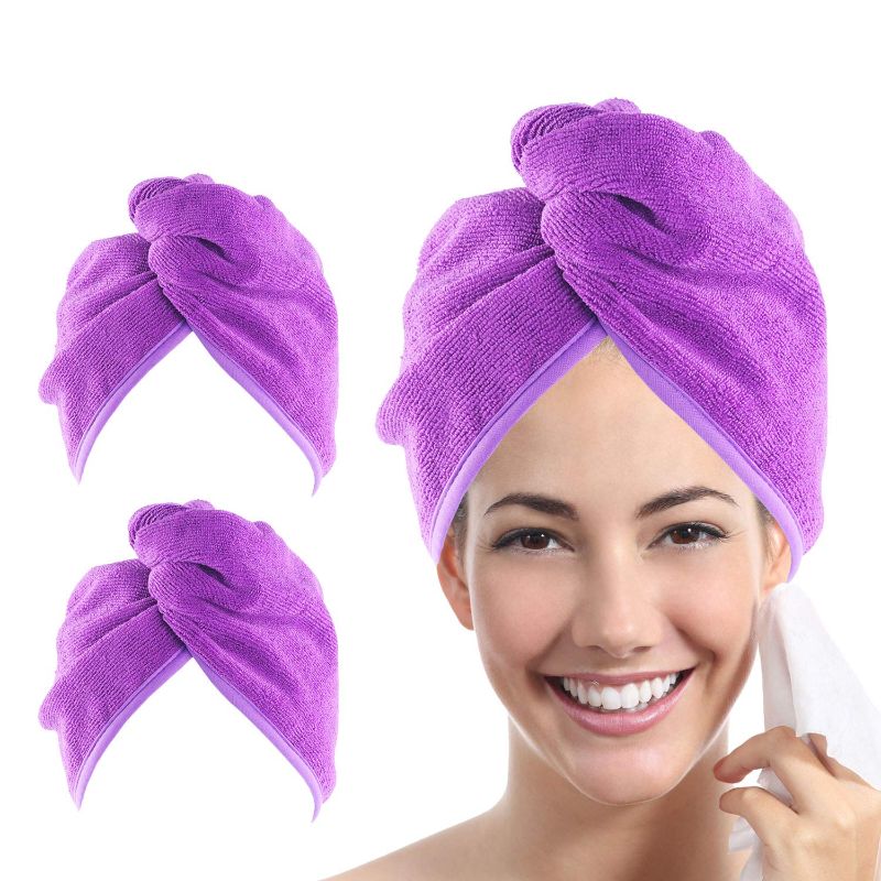Photo 1 of YoulerTex Microfiber Hair Towel Wrap for Women, 2 Pack 10 inch X 26 inch, Super Absorbent, Quick Dry Hair Turban for Drying Curly, Long & Thick Hair (Purple)

