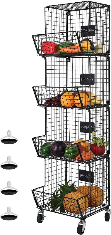 Photo 1 of 4 Tier Metal Wire Basket for Wall Fruit and Vegetable Baskets Storage Produce Rack with Wheel and Chalkboards Wall Mounted Stackable Organizer Stand for Kitchen Bathroom, Black
