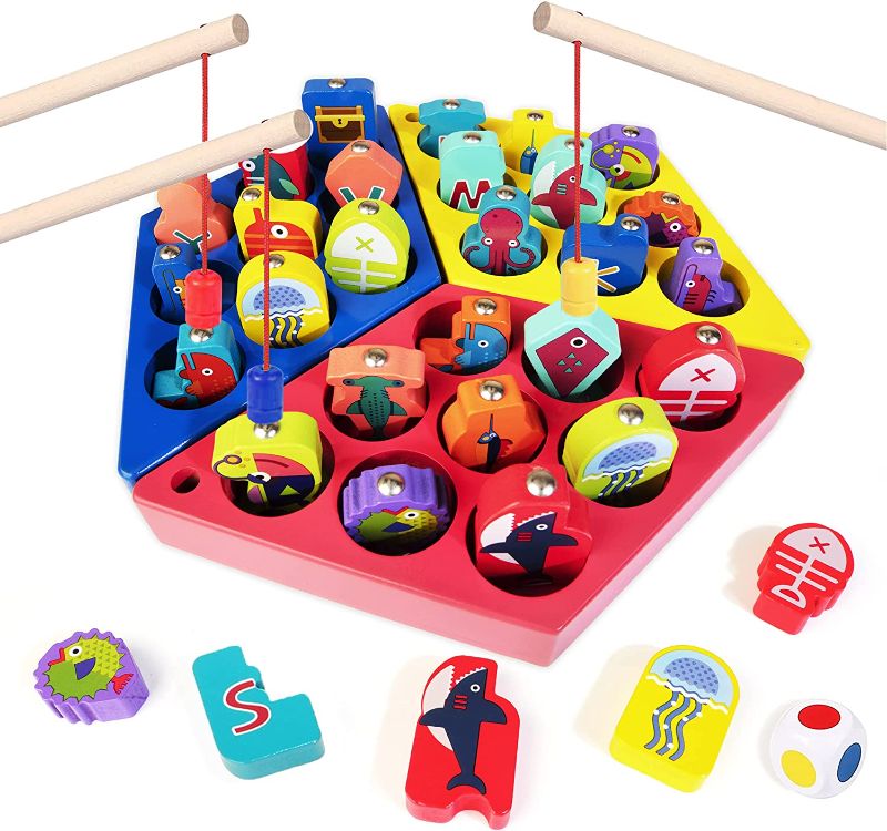 Photo 1 of Wooden Magnetic Fishing Game ABC Learning for Toddlers Fine Motor Skill Toys Alphabet Color Sorting Fishing Toy Montessori Learning Educational Toys Gift for Kids with 3 Poles 3 Boards 